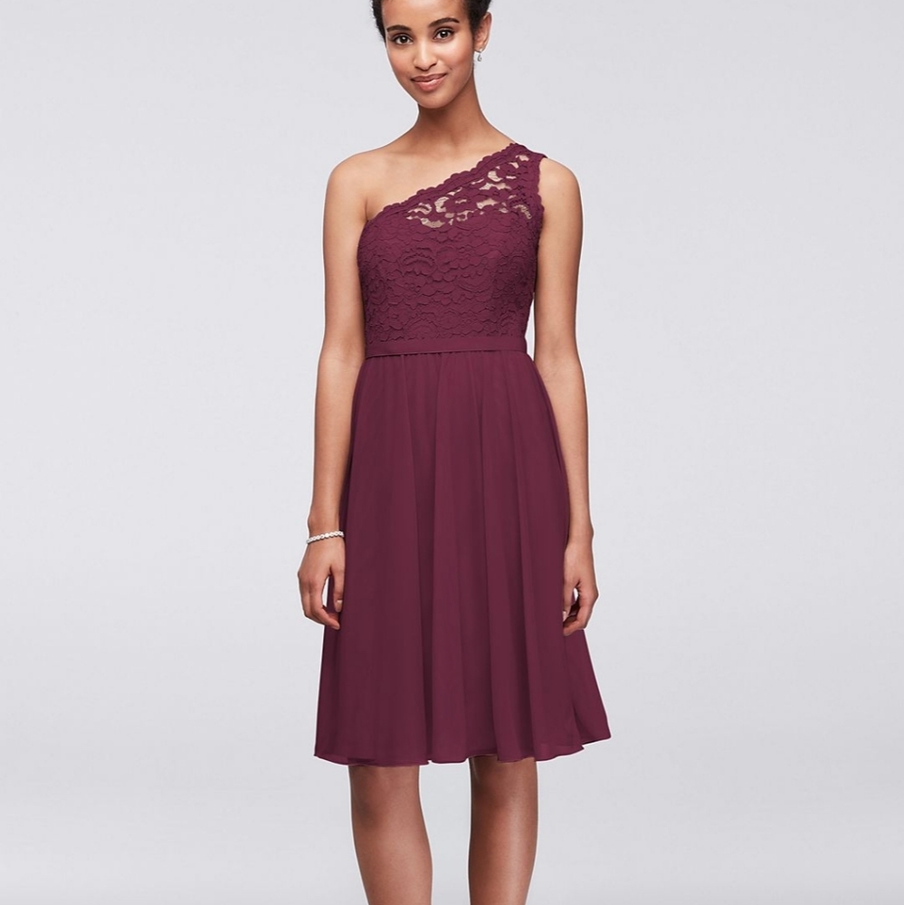 Short one shoulder corded lace dress-Wine